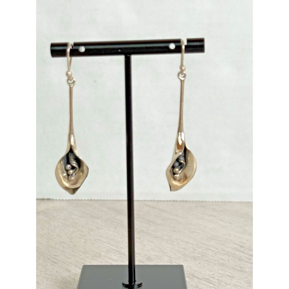 Vintage JJ 925 Sterling Silver Calla Lily Flower Dangle Drop Earrings Signed